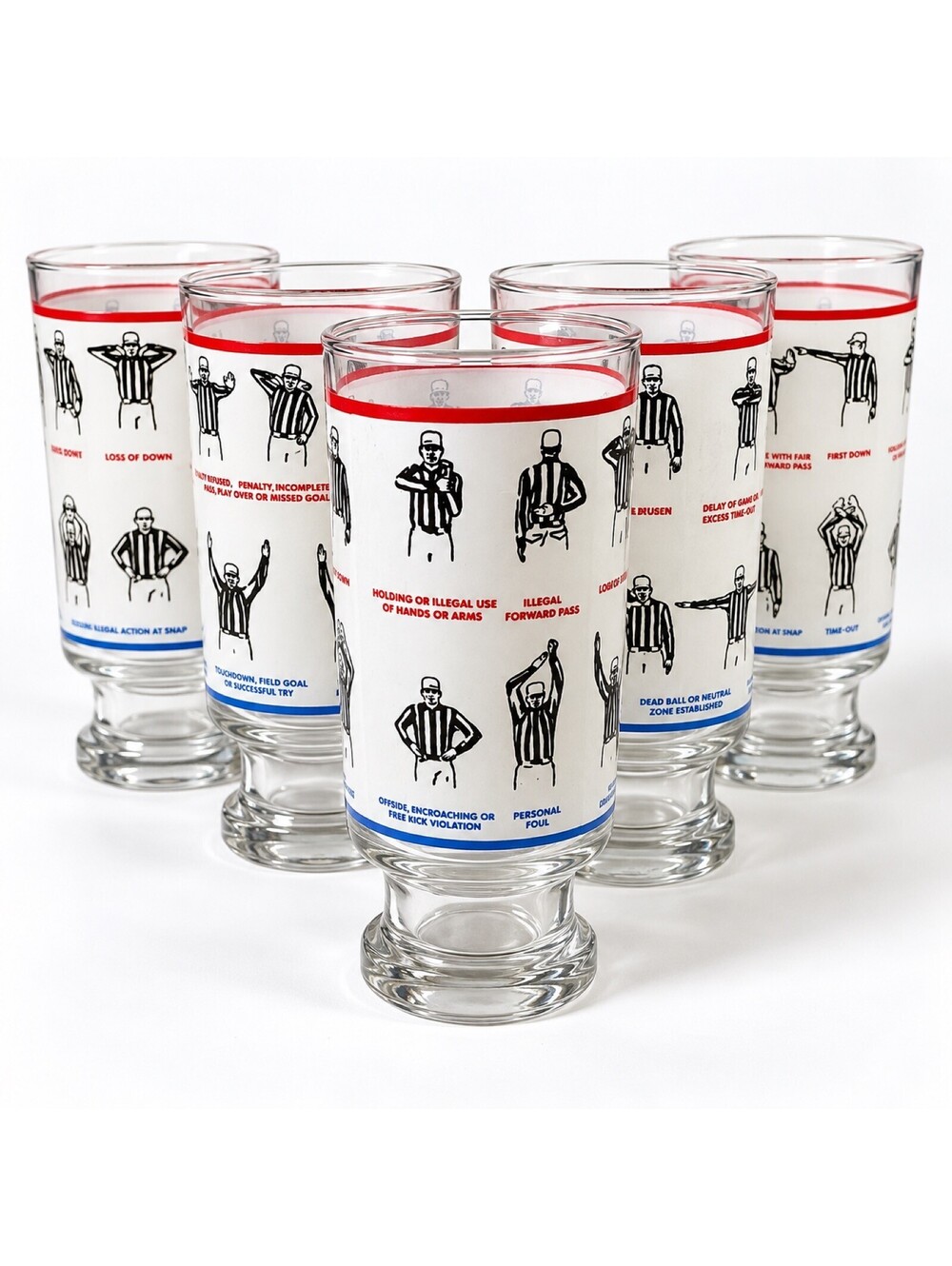 Vintage Football Referee Signal Pilsner Glasses Set of 4 Red White Blue Barware